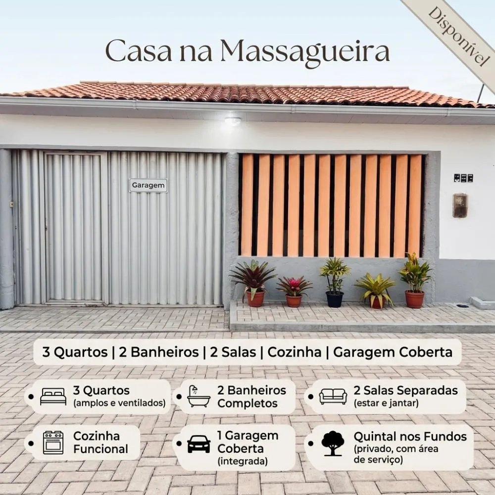 Casa na Massagueira, 3 quartos, 1 garagem coberta, 2 banheiros, 2 salas, cozinha e quintal