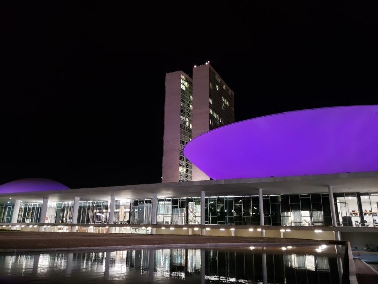 Congresso iluminado de lilás em alusão à Lei Maria da Penha em 2019 - (Foto: Pierre Triboli/Câmara dos Deputados)