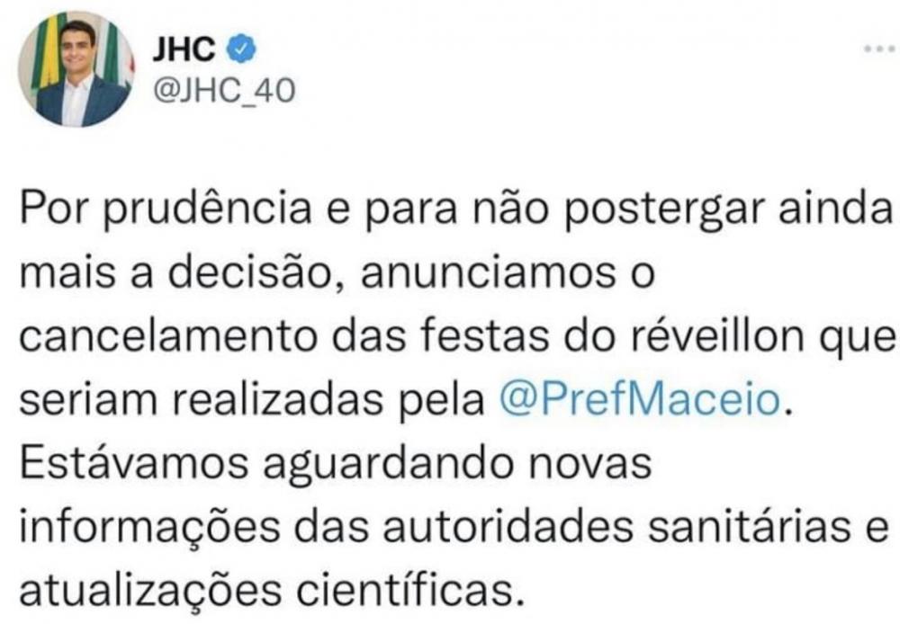 Prefeito JHC cancela festas de réveillon 
